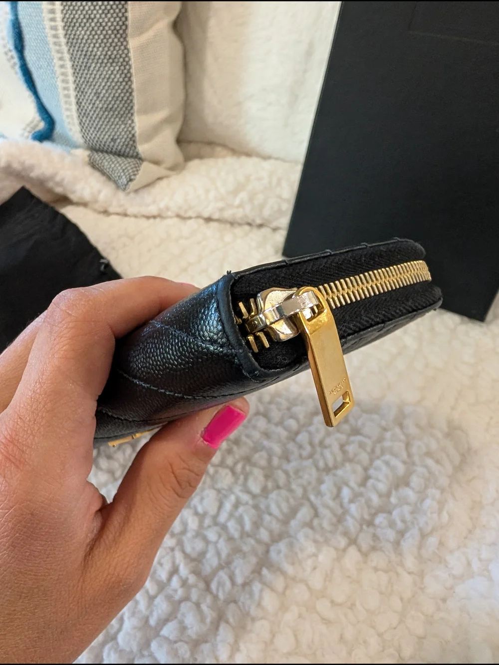 Saint Laurent Black Quilted Leather Zip Wallet with Gold Logo